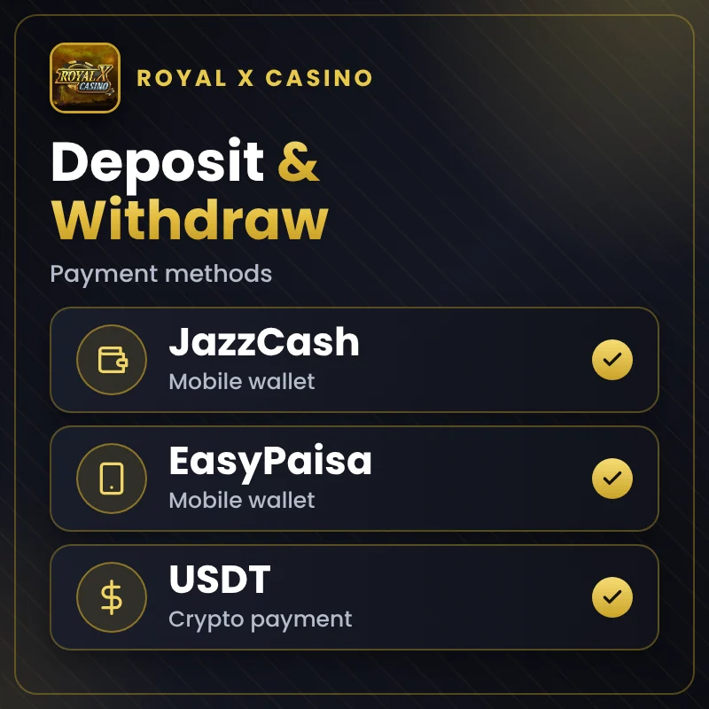 Royal X Casino withdraw methods: EasyPaisa, JazzCash and USDT