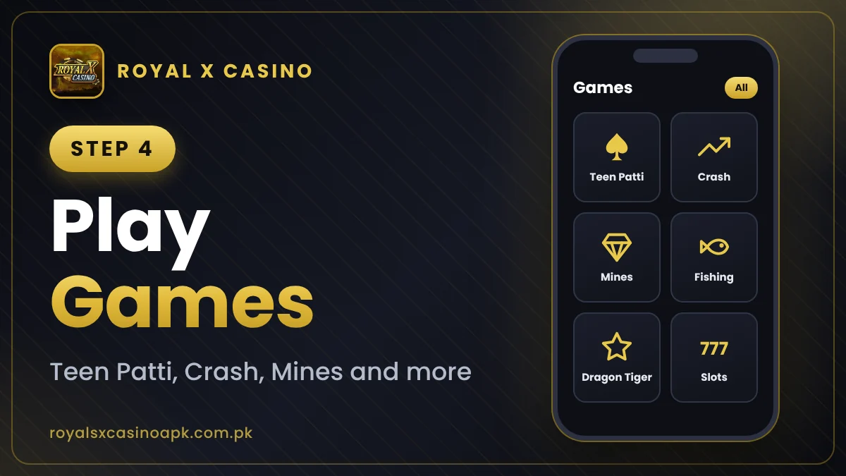 Royal X Casino games: Teen Patti, Crash, Mines, Fishing, Dragon Tiger and Slots